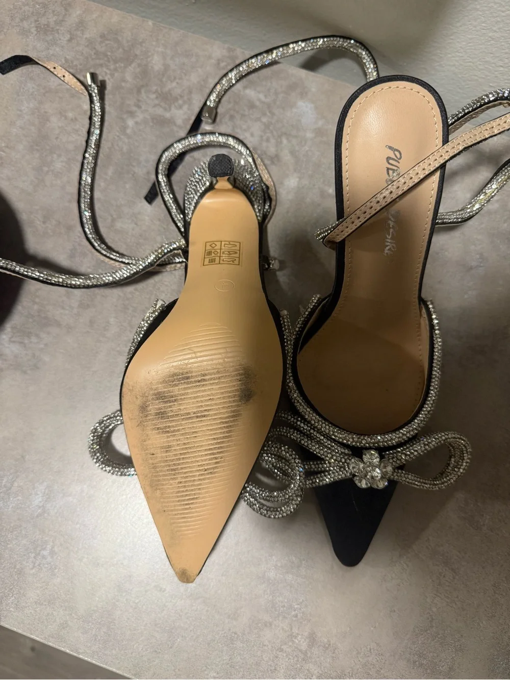 Elegant Black Satin Pointed Toe Heels with Crystal Bow